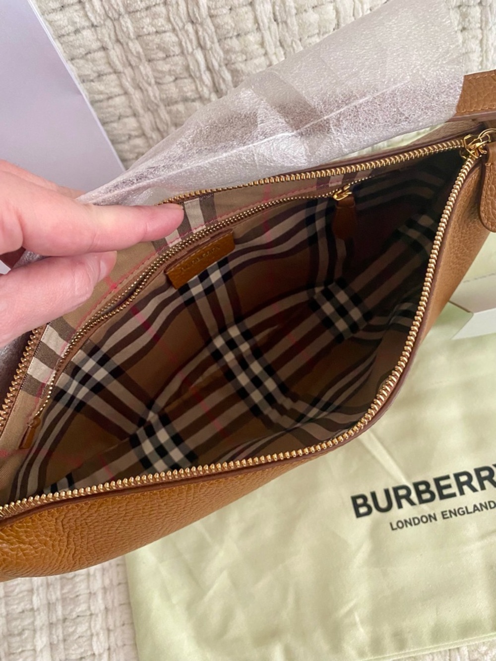 Burberry All Soft Large Tan Leather Half Moon Crossbody Sling Bag NWT - Picture 8 of 13